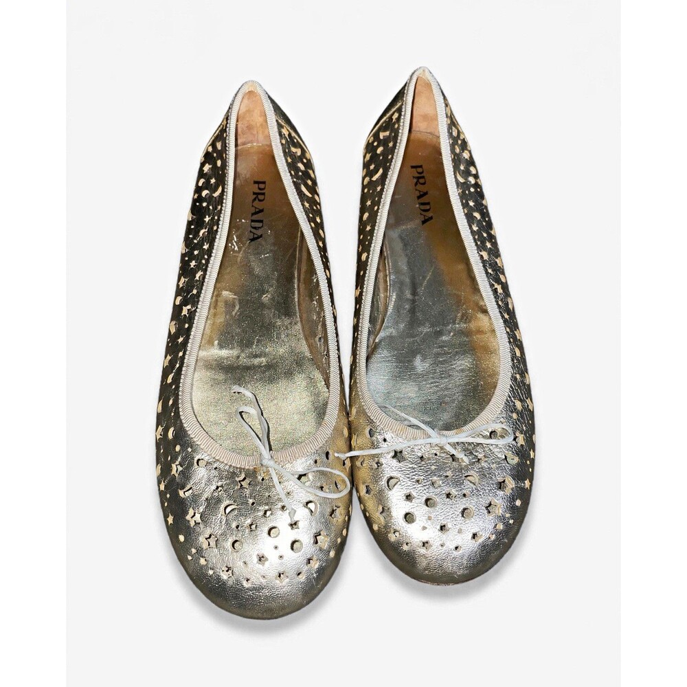 Prada Ballet Flats 39 Gold Metallic Celestial Star Moon Cutout Perforated